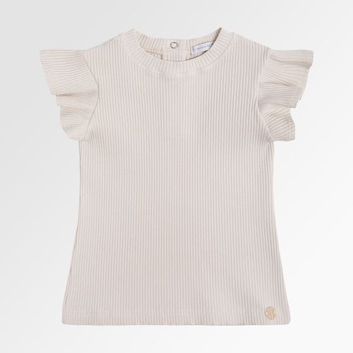 Blusa de Bebê Feminina Manga Curta Canelada com Babados - BEGE