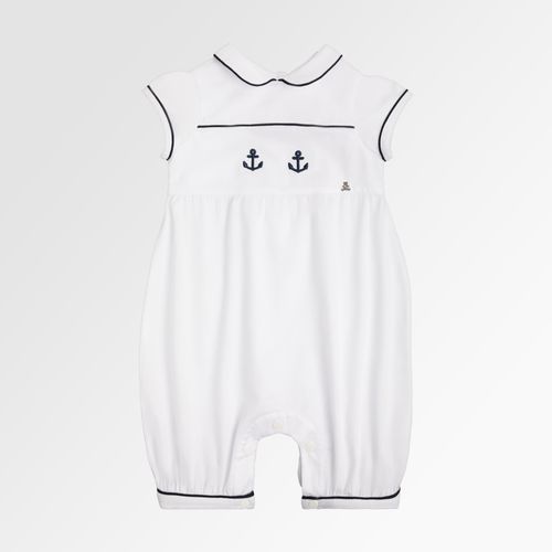 Romper de Bebê Masculino Fustão com Bordado Âncora - BRANCO