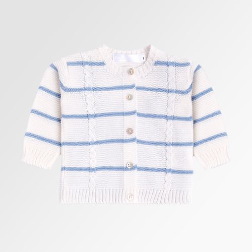 Saída de Maternidade Masculina Tricot com Casaco Ponto Trança Listrado - AZUL ANDES/NAT