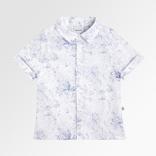 Camisa de Bebê Masculina Manga Curta Puro Linho Estampa Barcos - AZUL BEBE