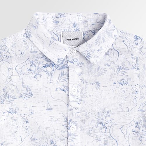 Camisa de Bebê Masculina Manga Curta Puro Linho Estampa Barcos - AZUL BEBE