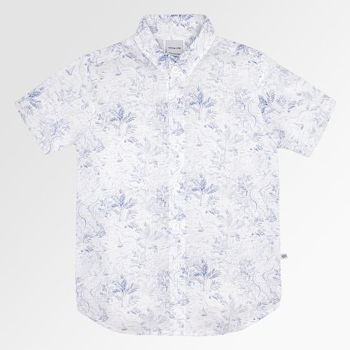 Camisa Infantil Masculina Manga Curta Puro Linho Estampa Barcos - AZUL