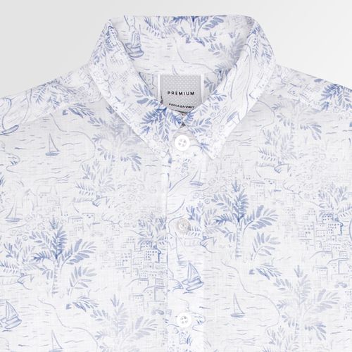 Camisa Infantil Masculina Manga Curta Puro Linho Estampa Barcos - AZUL