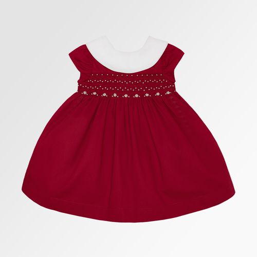 Vestido de Bebê Ponto Smock com Pérolas Bordadas - VERMELHO