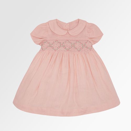 Vestido de Bebê Feminino Ponto Smock Puro Linho - SALMON