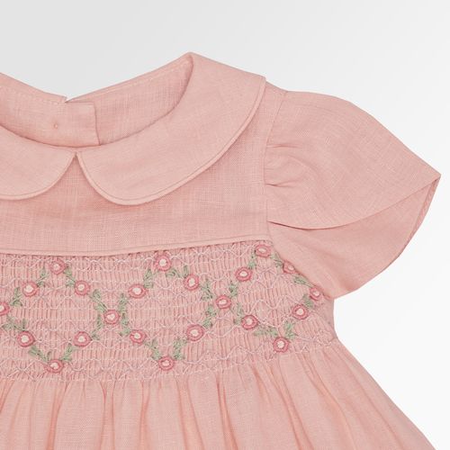 Vestido de Bebê Feminino Ponto Smock Puro Linho - SALMON