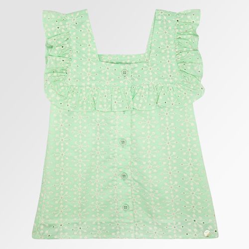Bata Infantil Feminina Manga Curta Laise Bordado Margaridas - VERDE