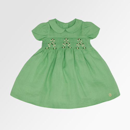 Vestido de Bebê Feminino Ponto Smock Puro Linho - VERDE