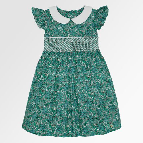 Vestido Infantil Feminino Algodão Egípcio Ponto Smock Estampa Picnic - VERDE