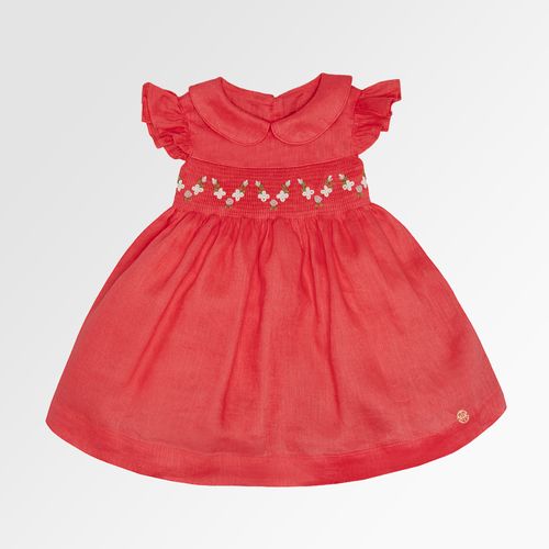 Vestido de Bebê Feminino Ponto Smock Puro Linho - VERMELHO