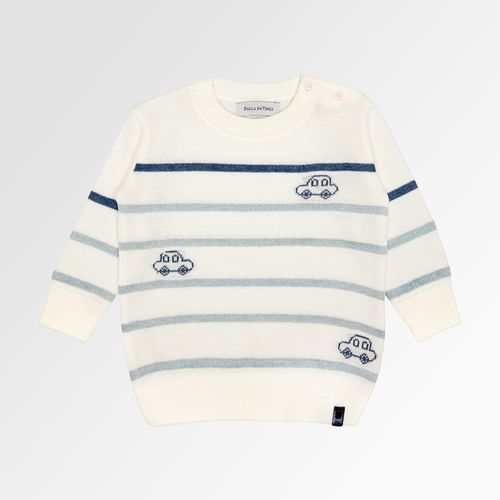 Blusa Tricot de Bebê Masculina Manga Longa Jacquard Carros - OFF WHITE