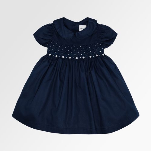 Vestido de Bebê Feminino Fustão Fio 60 Ponto Smock - AZUL MARINHO