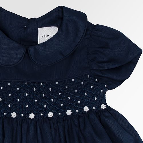Vestido de Bebê Feminino Fustão Fio 60 Ponto Smock - AZUL MARINHO