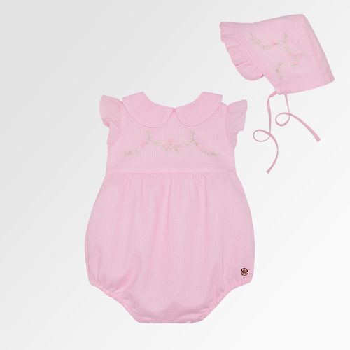 Romper de Bebê Feminino Cambraia de Linho com Bordado Rococó - ROSA BEBE