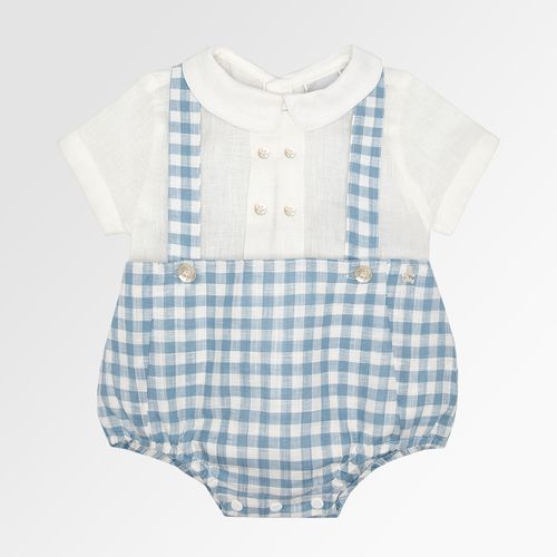 Conjunto de Bebê Masculino Romper Puro Linho com Camisa Xadrez - AZUL JEANS