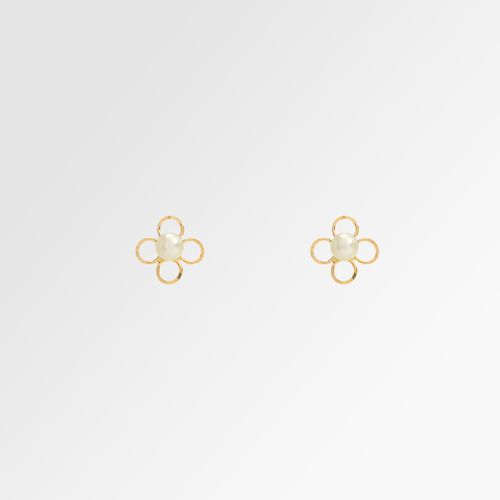 Brinco de Bebê Feminino Flor com Pérola Ouro 18k - UNICO