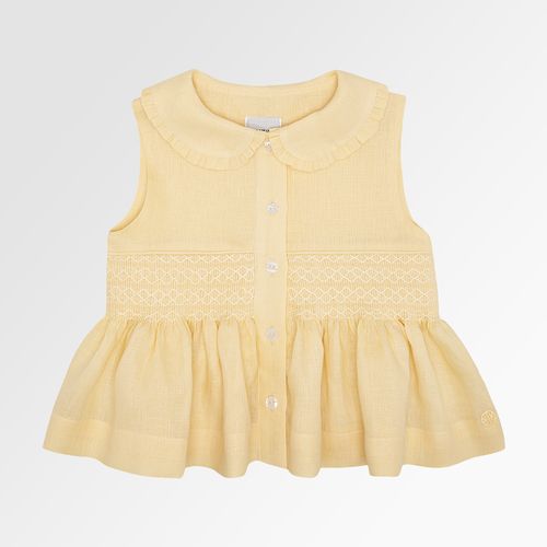 Bata Infantil Feminina Manga Cavada Puro Linho Ponto Smock - AMARELO