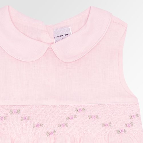 Vestido Infantil Feminino Ponto Smock Puro Linho - ROSA BEBE