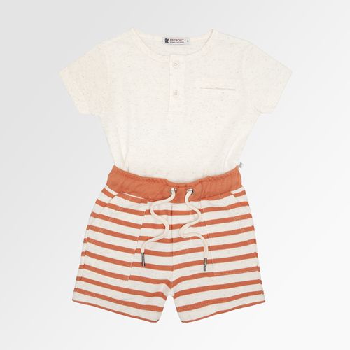 Conjunto de Bebê Masculino Linhotex com Bermuda Listrada - OCRE