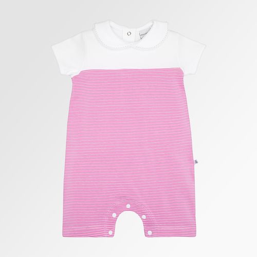 Macacão de Bebê Feminino Curto Listrado com Gola Guipir - ROSA