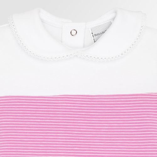 Macacão de Bebê Feminino Curto Listrado com Gola Guipir - ROSA