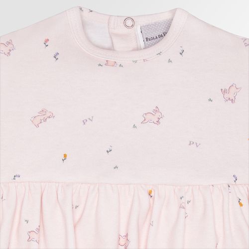 Macacão Vestido de Bebê Feminino Longo Algodão Egípcio Coelhos - ROSA