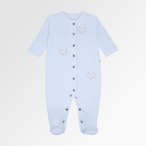 Macacão de Bebê Feminino Longo Dadinho com Bordado Coração Flores - AZUL BEBE