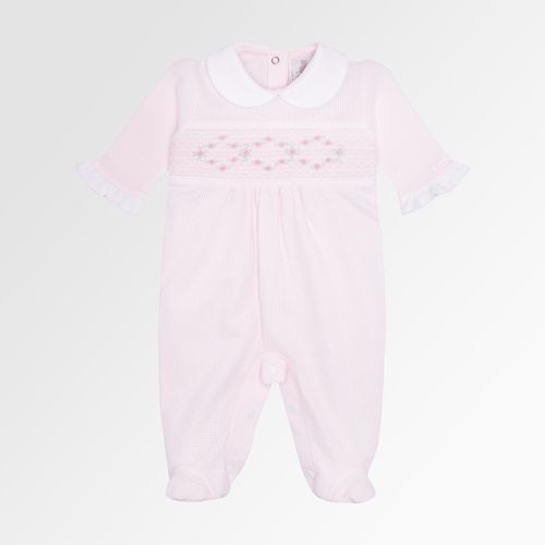 Macacão de Bebê Feminino Longo Favos Ponto Smock com Bordado Rococó - ROSA