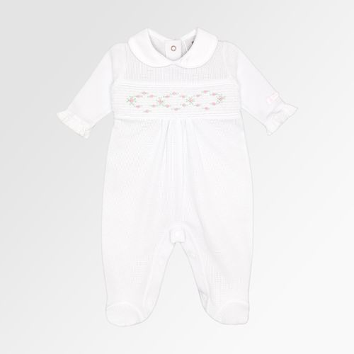 Macacão de Bebê Feminino Longo Favos Ponto Smock com Bordado Rococó - BRANCO