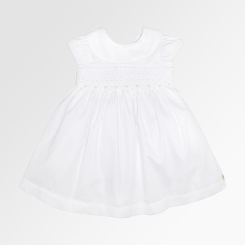 Vestido de Bebê Feminino Fustão Fio 60 Ponto Smock com Pérolas Bordadas - BRANCO