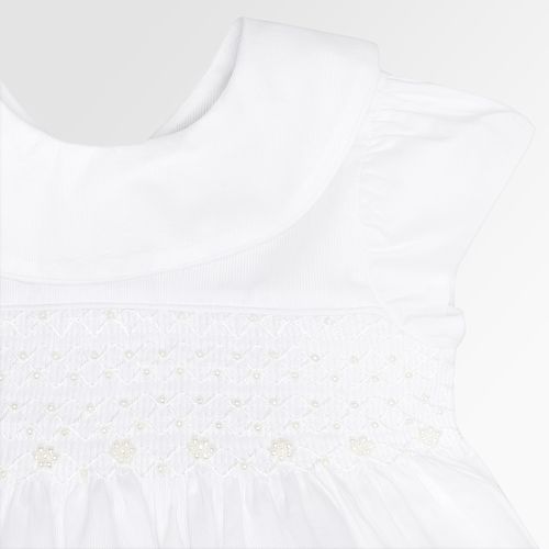 Vestido de Bebê Feminino Fustão Fio 60 Ponto Smock com Pérolas Bordadas - BRANCO