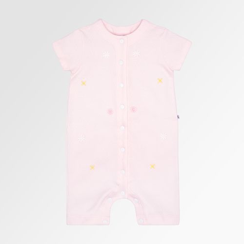 Macacão de Bebê Feminino Curto Dadinho Bordado Flores - ROSA BEBE