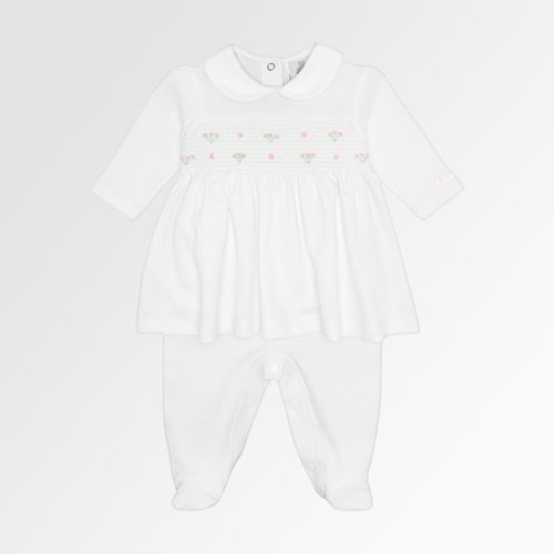 Macacão Vestido de Bebê Feminino Longo Ponto Roma Bordado Ponto Smock com Rococó - BRANCO