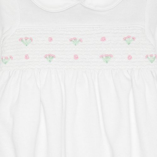 Macacão Vestido de Bebê Feminino Longo Ponto Roma Bordado Ponto Smock com Rococó - BRANCO