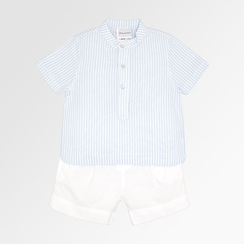 Conjunto de Bebê Masculino Listrado com Bermuda Anarruga - AZUL