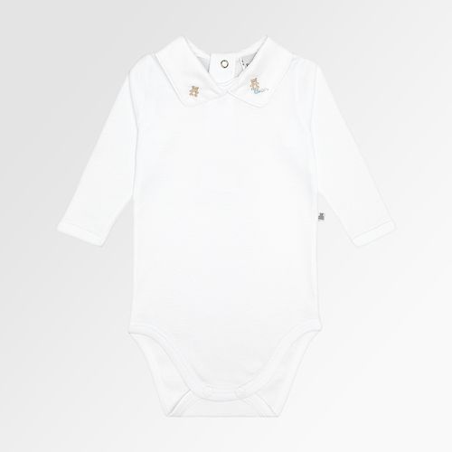 Body de Bebê Masculino Algodão Egípcio Manga Longa Bordado Urso - BRANCO