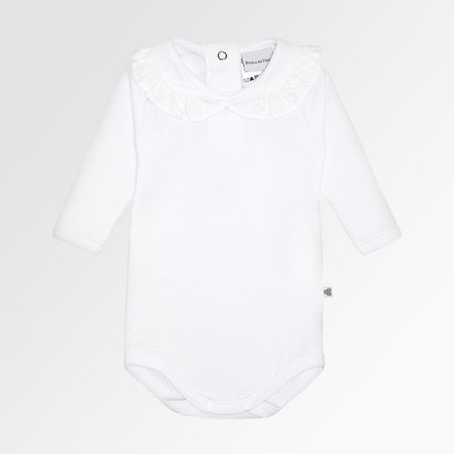 Body de Bebê Feminino Manga Longa Canelado Algodão Egípcio com Babadinhos - BRANCO