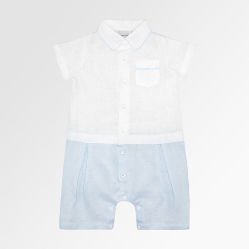 Romper de Bebê Masculino Puro Linho Camisa com Bolso - AZUL BEBE