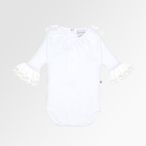 Body Bebê Feminino Manga Longa Algodão Egípcio com Gola Renda Tule - BRANCO