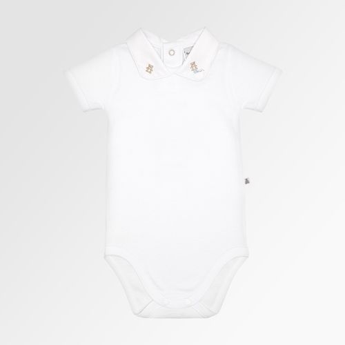 Body de Bebê Masculino Manga Curta Algodão Egípcio Canelado Bordado Urso - BRANCO