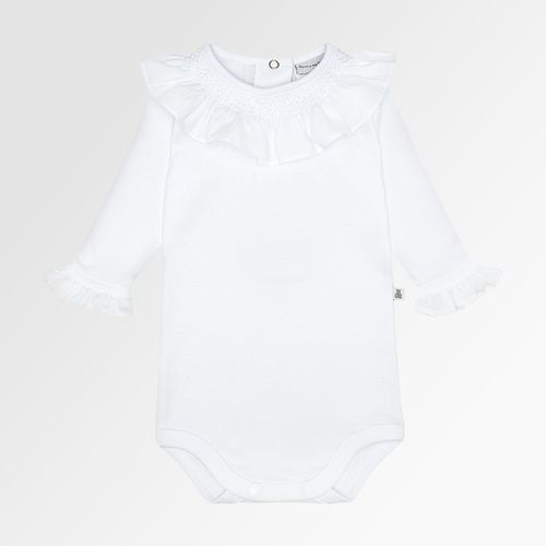 Body de Bebê Feminino Manga Longa Canelado Algodão Egípcio Ponto Smock - BRANCO