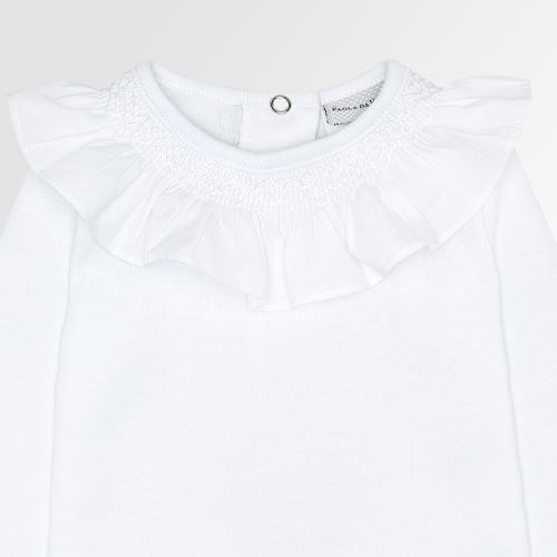 Body de Bebê Feminino Manga Longa Canelado Algodão Egípcio Ponto Smock - BRANCO