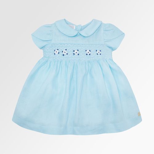 Vestido de Bebê Feminino Puro Linho Ponto Smock - AZUL
