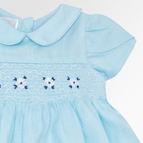 Vestido de Bebê Feminino Puro Linho Ponto Smock - AZUL