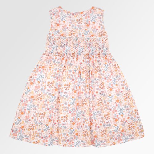 Vestido Infantil Feminino Algodão Egípcio Ponto Smock Estampa Jardim - SALMON