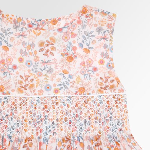 Vestido Infantil Feminino Algodão Egípcio Ponto Smock Estampa Jardim - SALMON