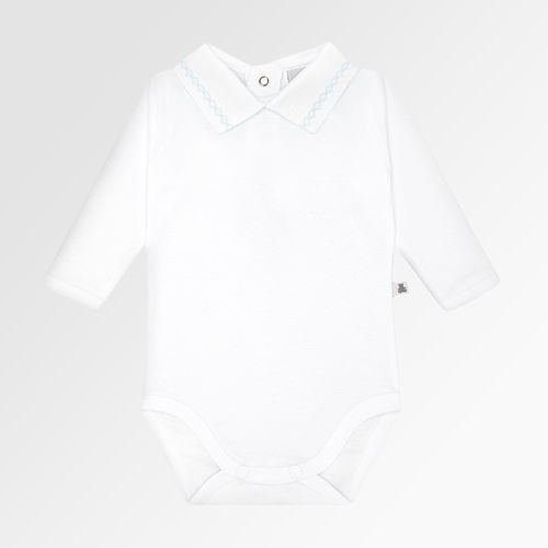 Body de Bebê Canelado Unissex Manga Longa Algodão Egípcio Bordado Picueta - AZUL BEBE