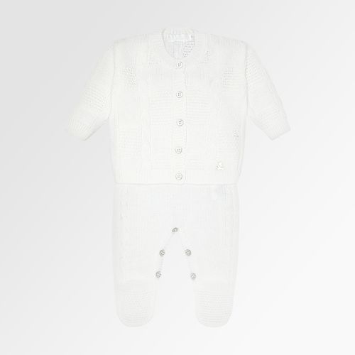 Saída de Maternidade Masculina com Manta Tricot Quadrados Ponto Trança - BRANCO
