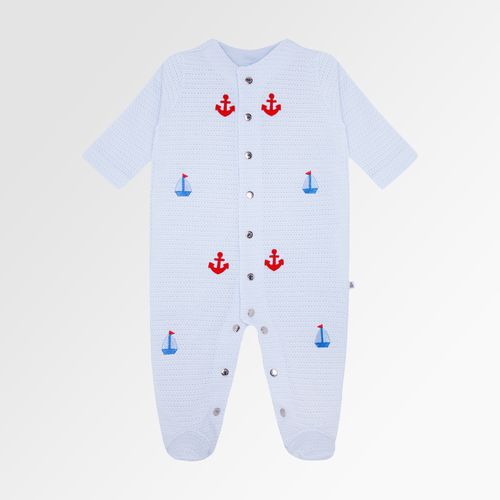 Macacão de Bebê Masculino Longo Tricot Jetty Bordado Barcos - AZUL BEBE