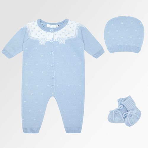 Macacão de Bebê Longo Tricot Jacquard Ovelha com Touca e Sapatinho - AZUL